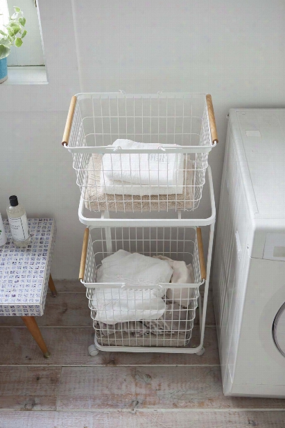 Tosca Laundry Basket M + L Set W/ Steel Wagon In White Design By Yamazaki