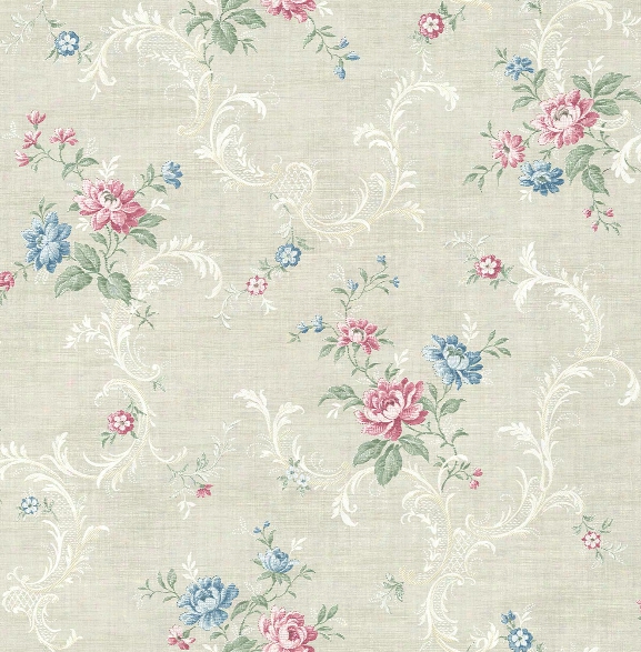 Tossed Floral Scroll Wallpaper In Cool Primary From The Vintage Home 2 Collection By Wallquest