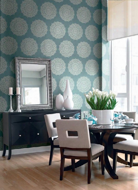 Traditional Medallions Wallpaper In Metallic And Greens Design By Seabrook Wallcoverings