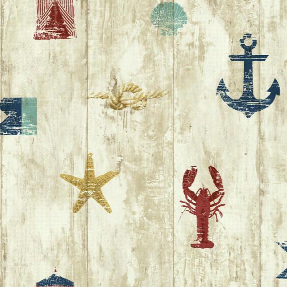 Weaathered Seashore Wallpaper In Neutral, Red, And Blue Design By York Wallcoverings