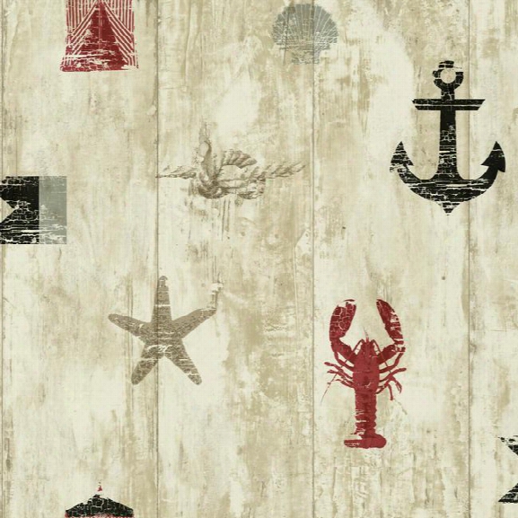 Weathered Seashore Wallpaper In Tan, Red, And Navy Design By York Wallcoverings