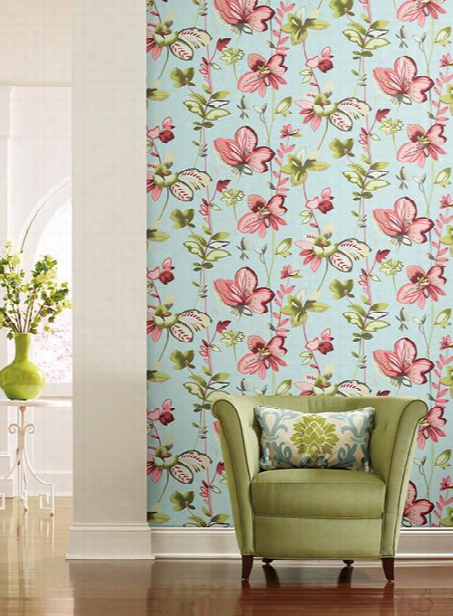 Whimsical Garden Wallpaper In Peach And Blue Design By Carey Lind For York Wallcoverings