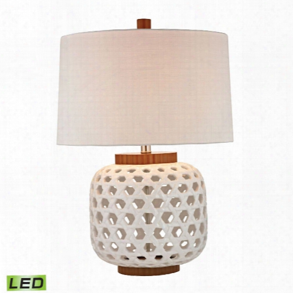 Woven Ceramic Lde Table Lamp In White And Wood Tone Design By Lazy Susan