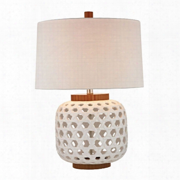 Woven Ceramic Table Lamp In White And Wood Tone Design By Lazy Susan