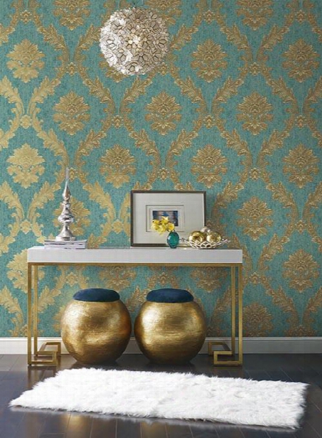 Acanthus Fan Wallpaper In Gold, Turquoise, And Brown By Antonina Vella For York Wallcoverings