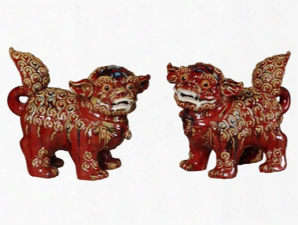 Ceramic Foo Dogs In Flambe Red Design By Emissary