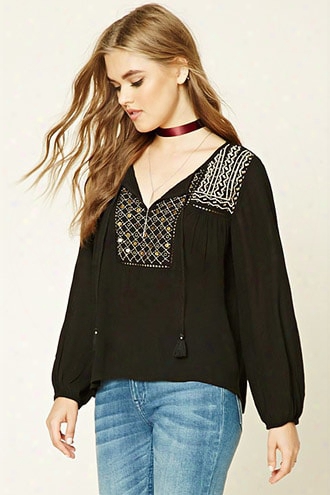 Geo-embroidered Peasant Top