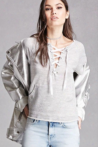 Hooded French Terry Lace-up Top