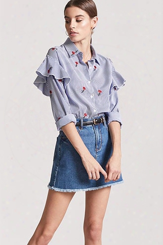 Embroidered Flounce-trim Pinstripe Shirt