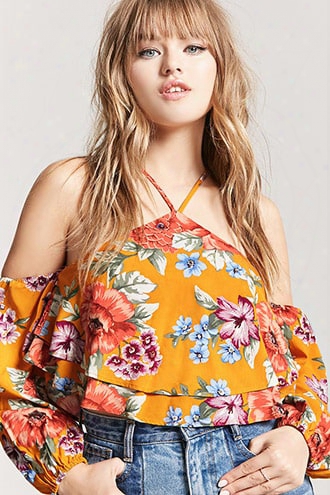 Floral Open-shoulder Crop Top