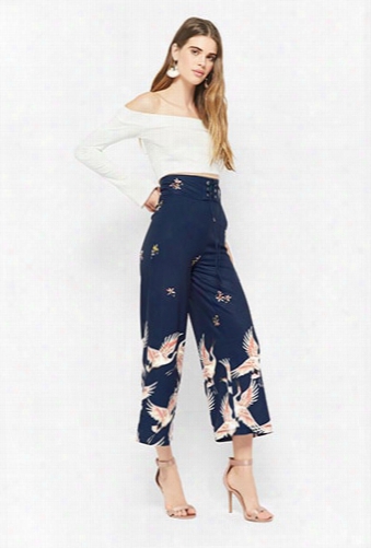 Lace-up Bird Print Ankle Pants