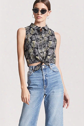 Palm Leaf Print Tie-front Shirt