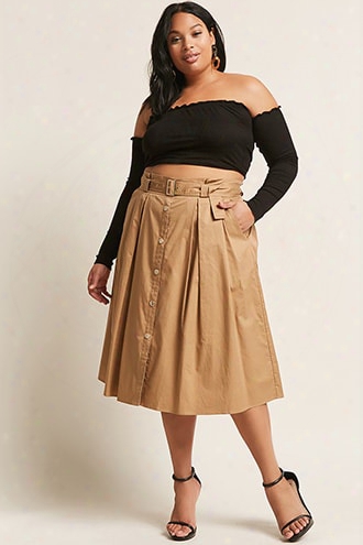 Plus Size Button-front Midi Skirt