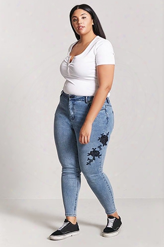 Plus Size Embroidered Floral Jeans