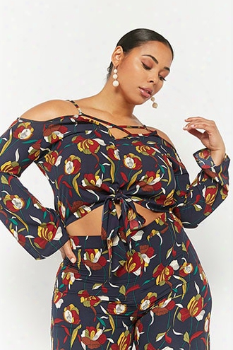 Plus Size Floral Print Open-shoulder Top