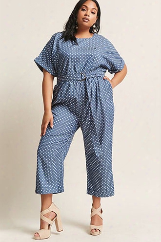 Plus Size Polka Dot Denim Jumpsuit