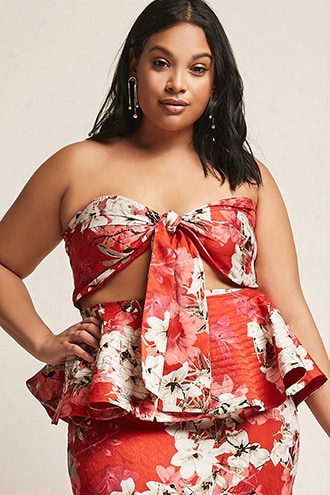 Plus Size Self-tie Floral Strapless Top