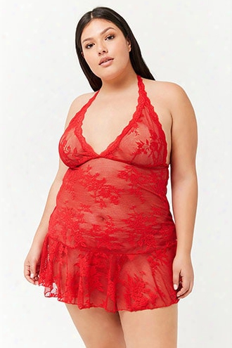 Plus Size Sheer Lace Halter Slip And Thong Set