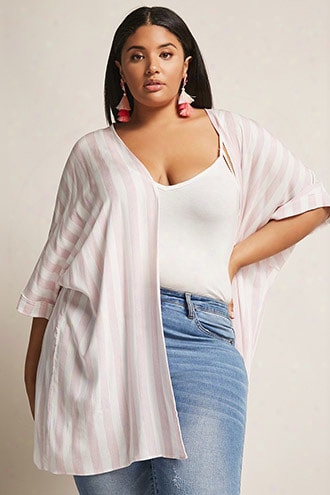 Plus Size Stripe Open-front Kimono