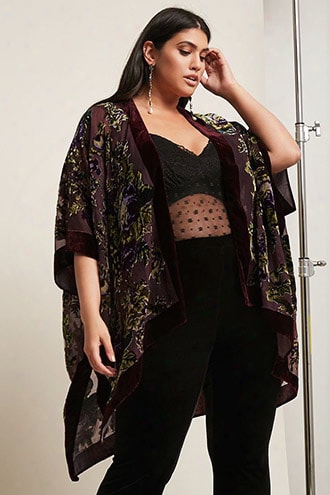 Plus Size Woven Heart Burnout Velvet Floral Kimono