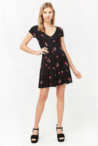 Polka Dot Cherry Print Swing Dress