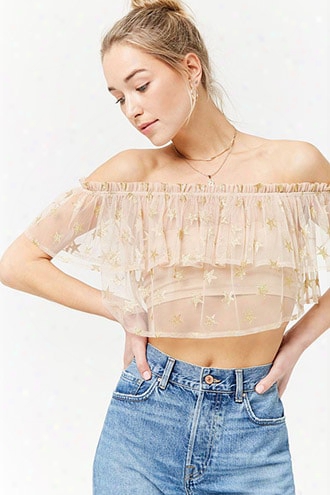 Sheer Off-the-shoulder Star Print Top