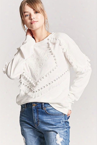 Tasseled Floral Pom Pom Knit Top