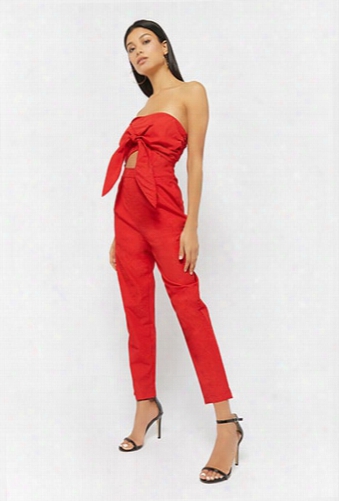 Textured Tie-front Strapless Jumpsuit