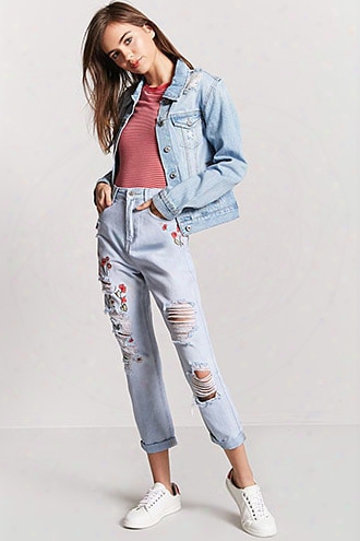 Distressed Embroidered Straight-leg Jeans