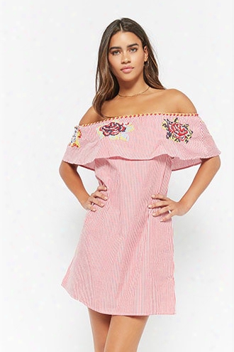 Embroidered Striped Off-the-shoulder Dress