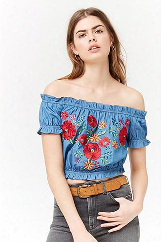 Floral Embroidered Chambray Crop Top