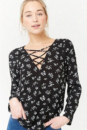 Floral Print Crisscross V-neck Top