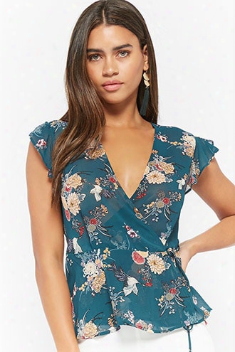 Floral Ruffle Sleeve Wrap Top
