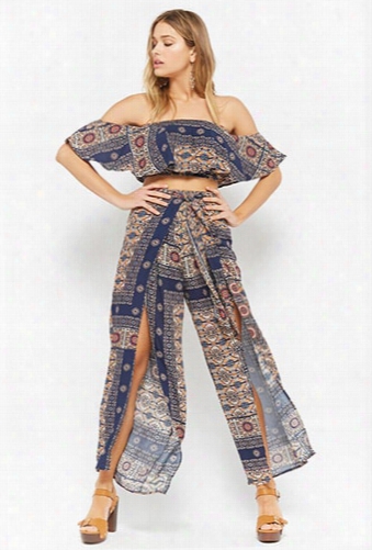 Ornate Print Flounce Crop Top & High-waisted Pants Set