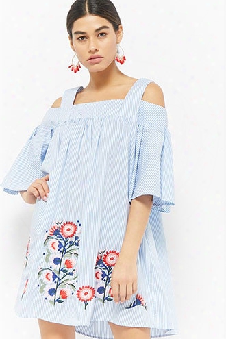 Pinstripe Embroidered Open-shoulder Top