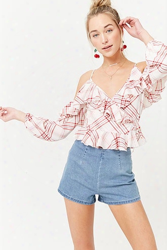 Plaid Open-shoulder Wrap Top