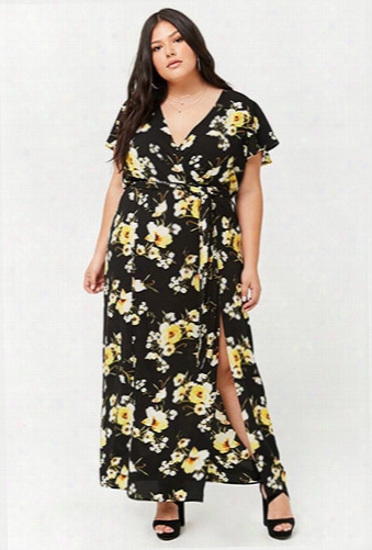 Plus Size Floral Surplice M-slit Maxi Dress