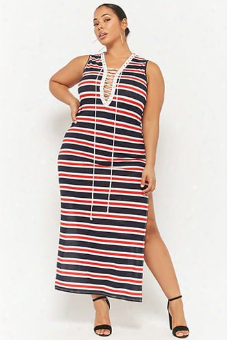 Plus Size Plunging Lace-up Maxi Dress