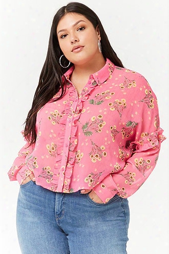 Plus Size Sheer Floral Ruffle Trim Shirt