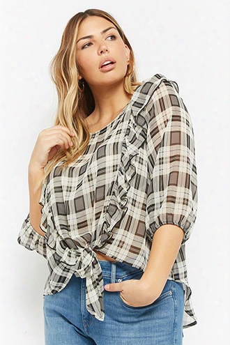 Plus Size Sheer Plaid High-low Flounce Top