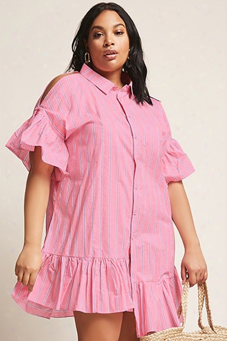 Plus Size Stripe Open-shoulder Shirt Dress