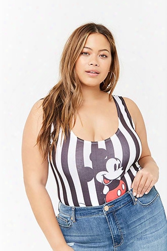 Plus Size Striped Mickey Mouse Graphic Bodysuit