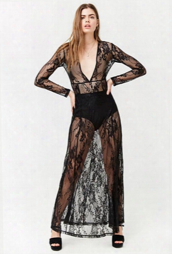 Sheer Lace Plunging Maxi Dress