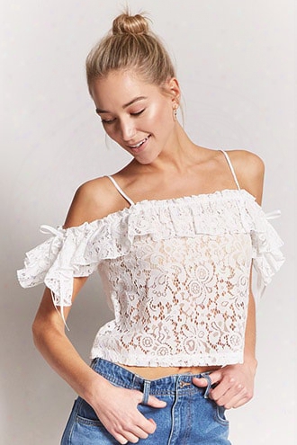 Sheer Open-shoulder Lace Crop Top