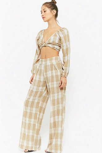 Buffalo Plaid Off-the-shoulder Gauze Crop Top & Wide-leg Pants Set