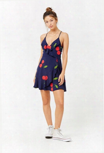 Cherry Print Surplice Ruffle-trim Dress