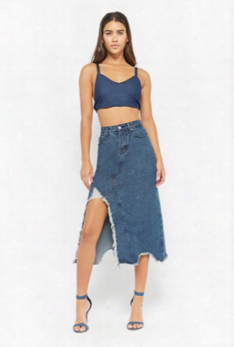 Denim Frayed Midi Skirt