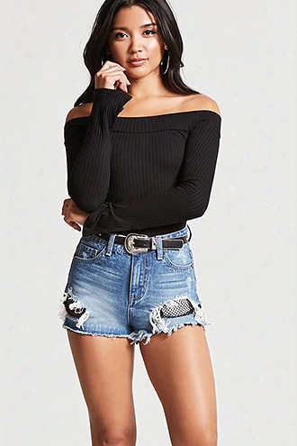 Distressed Fishnet Denim Shorts