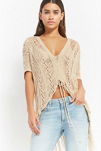 Distressed Ladder Lace-up Fringe Sweater