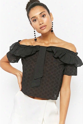 Off-the-shoulder Eyelet Crop Top